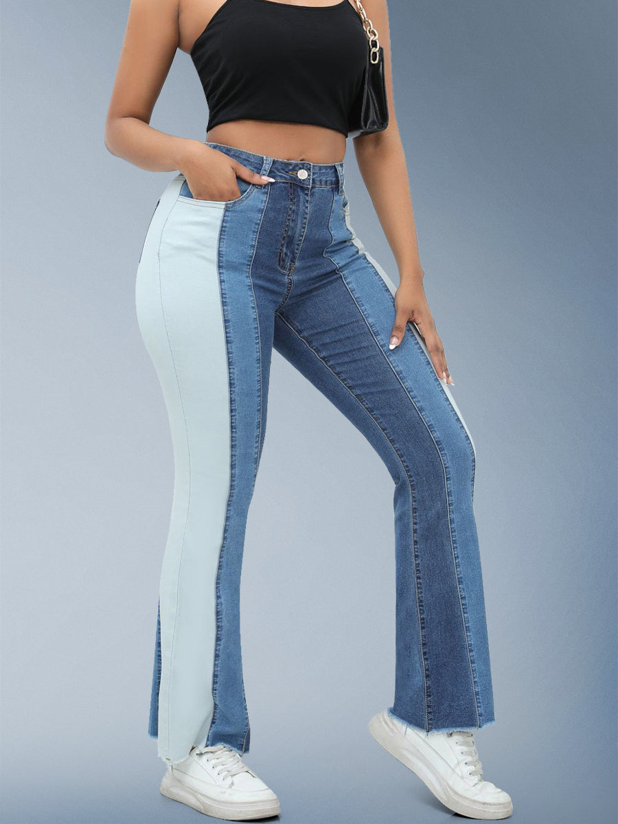 Dark Blue Patches High Waist Flare Jeans For Women