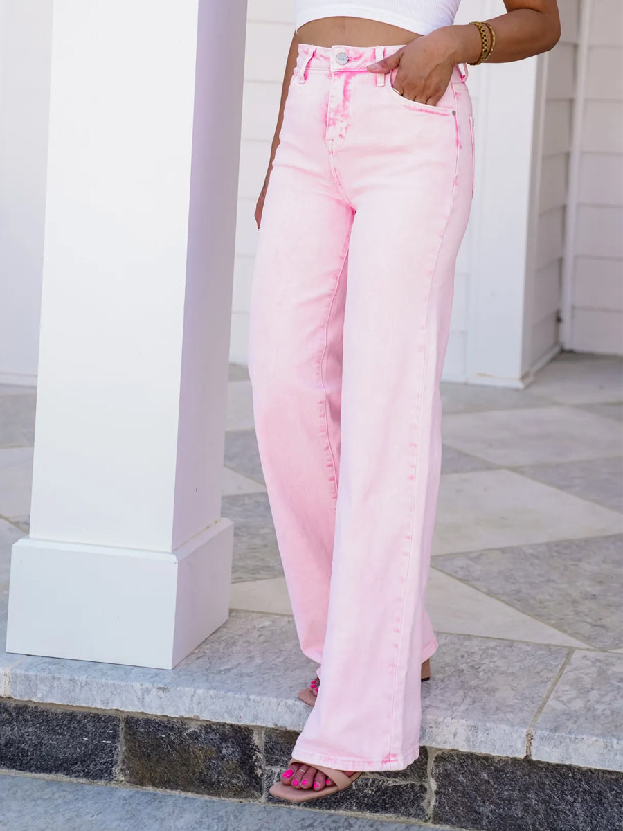 FP x Risen High Rise Acid Pink Tummy Control Wide Leg Jeans