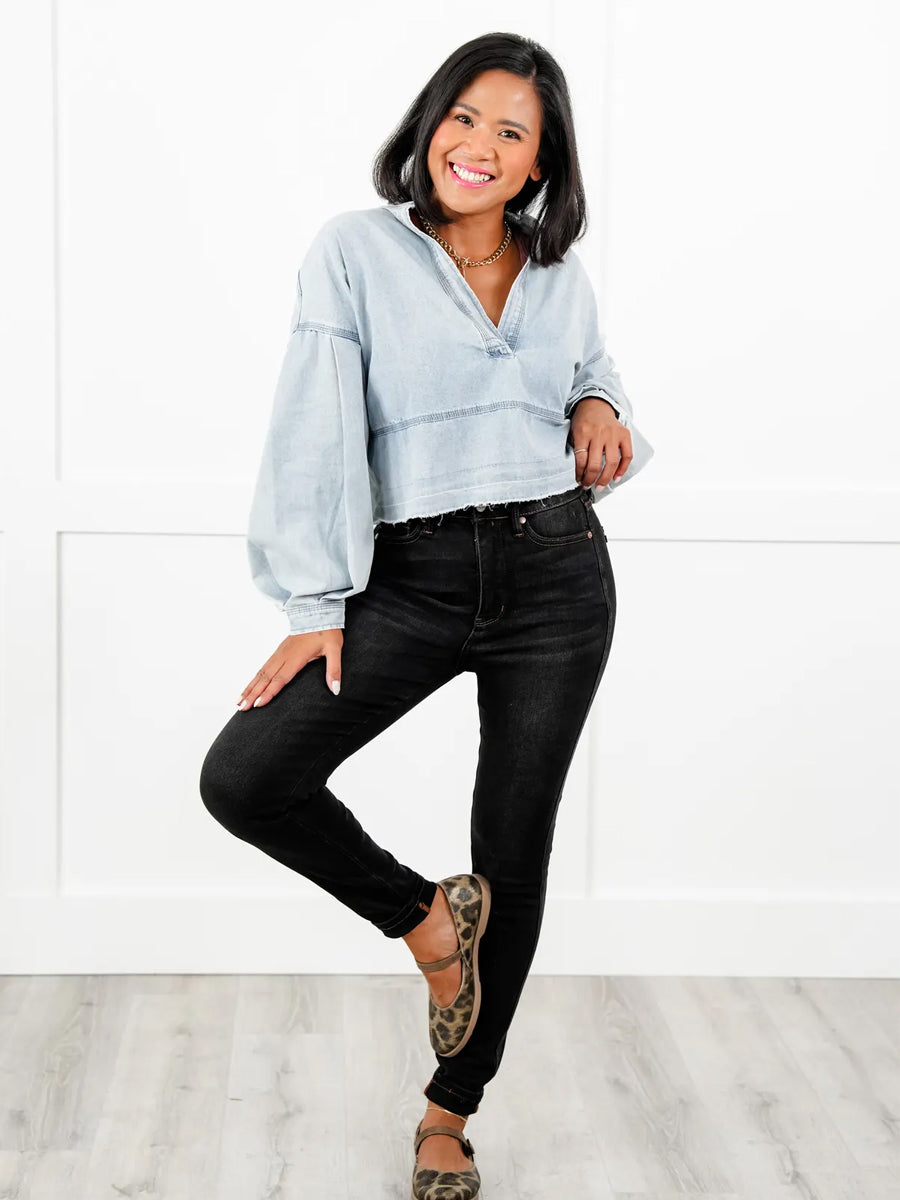 Black Dog High Rise Black Wash with Contrast Thread Tummy Control Skinny Jeans