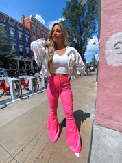 Fiona High Waisted Bell Bottom Flare Jeans - Pink