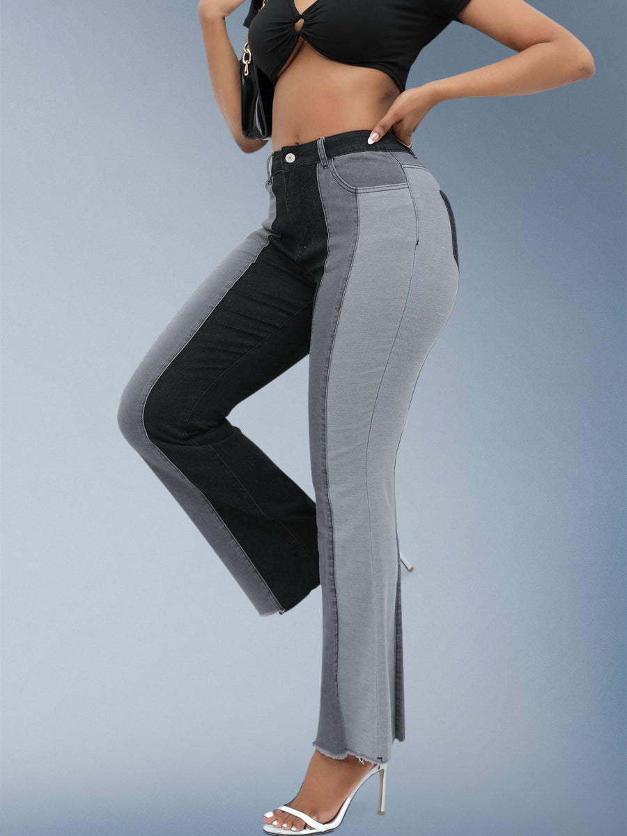 Dark Blue Patches High Waist Flare Jeans For Women