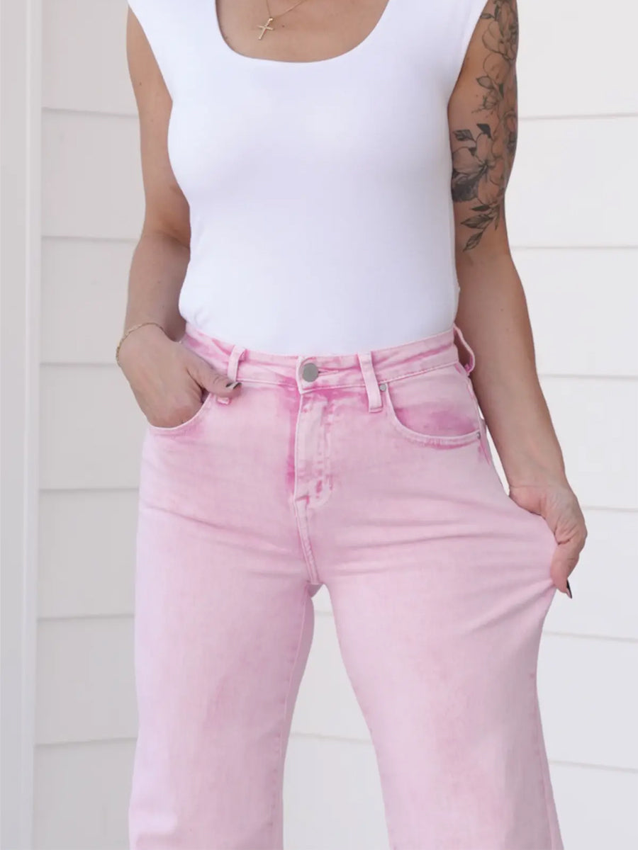 FP x Risen High Rise Acid Pink Tummy Control Wide Leg Jeans