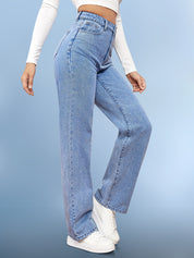High-Waisted Washed Casual Straight-leg Jeans