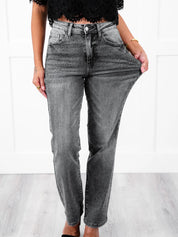 High Rise Grey Rhinestone Straight Leg Jeans
