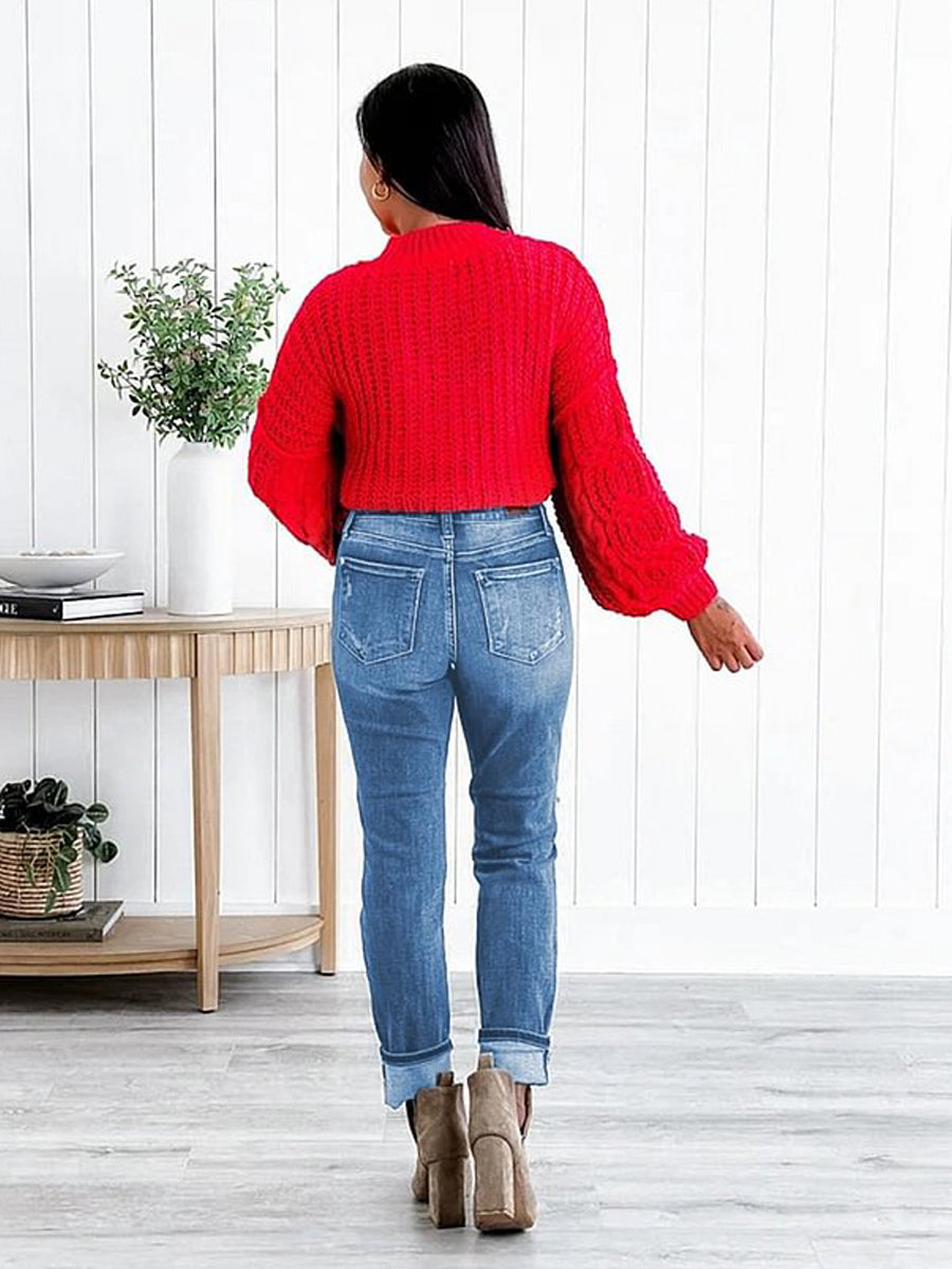Tummy Control Distressed Cuffed Boyfriend Jeans