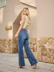 High Waist Patch Pocket Wide Leg Jeans for Women