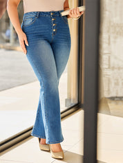 Multi-Button Washed Elastic Bell Bottom Jeans