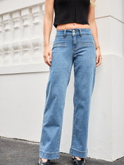 Tummy Control Double Button Closure Wide-Leg Jeans
