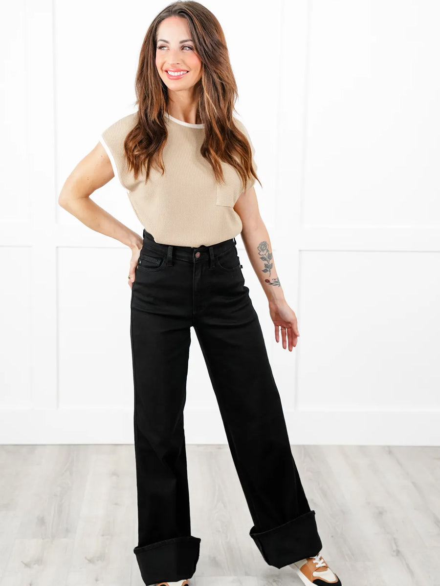 Retrograde High Rise Black Wide Leg Jeans with Cuff