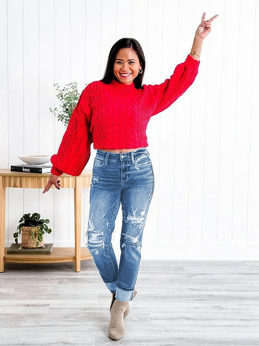 Tummy Control Distressed Cuffed Boyfriend Jeans