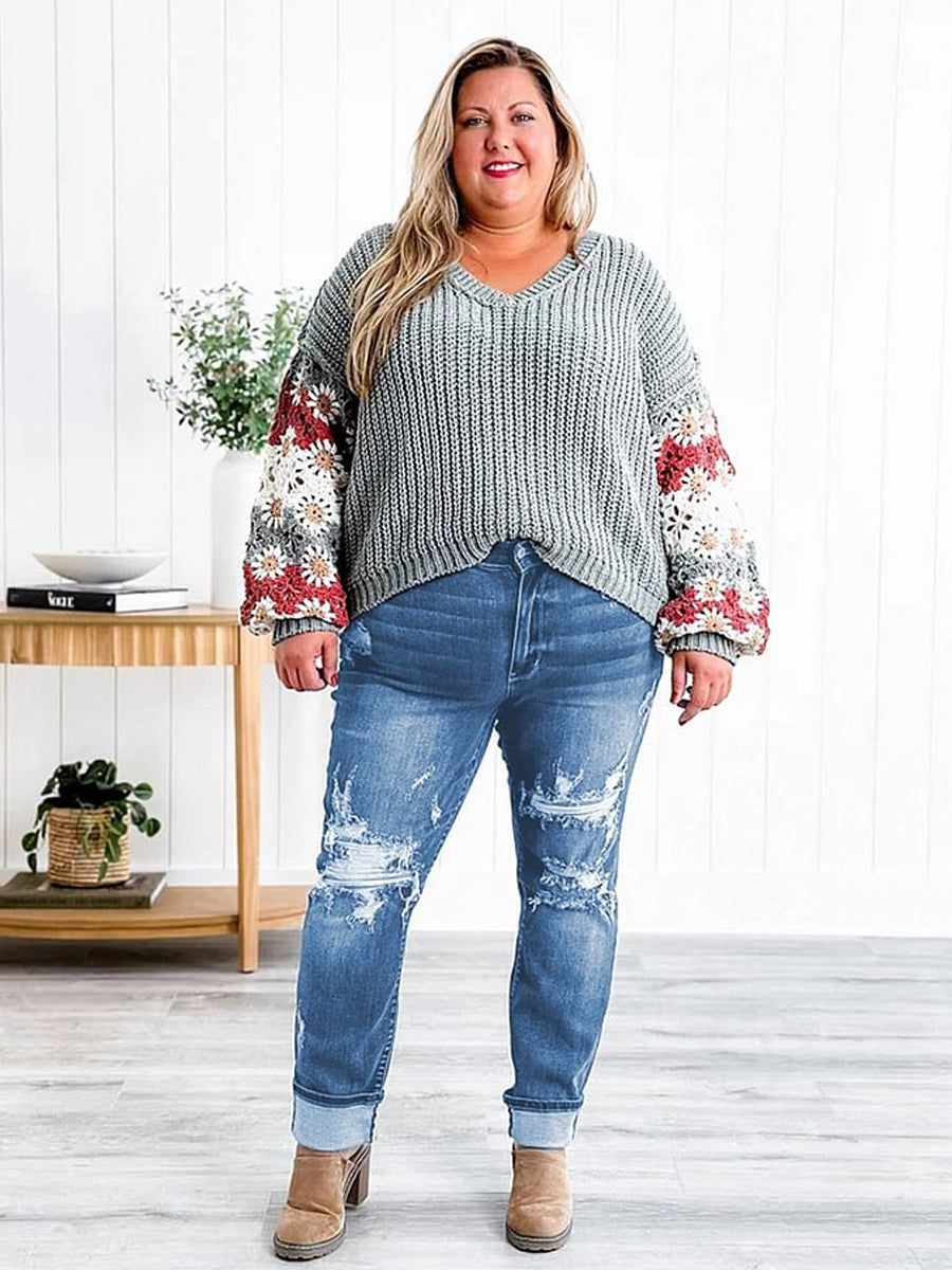 Tummy Control Distressed Cuffed Boyfriend Jeans