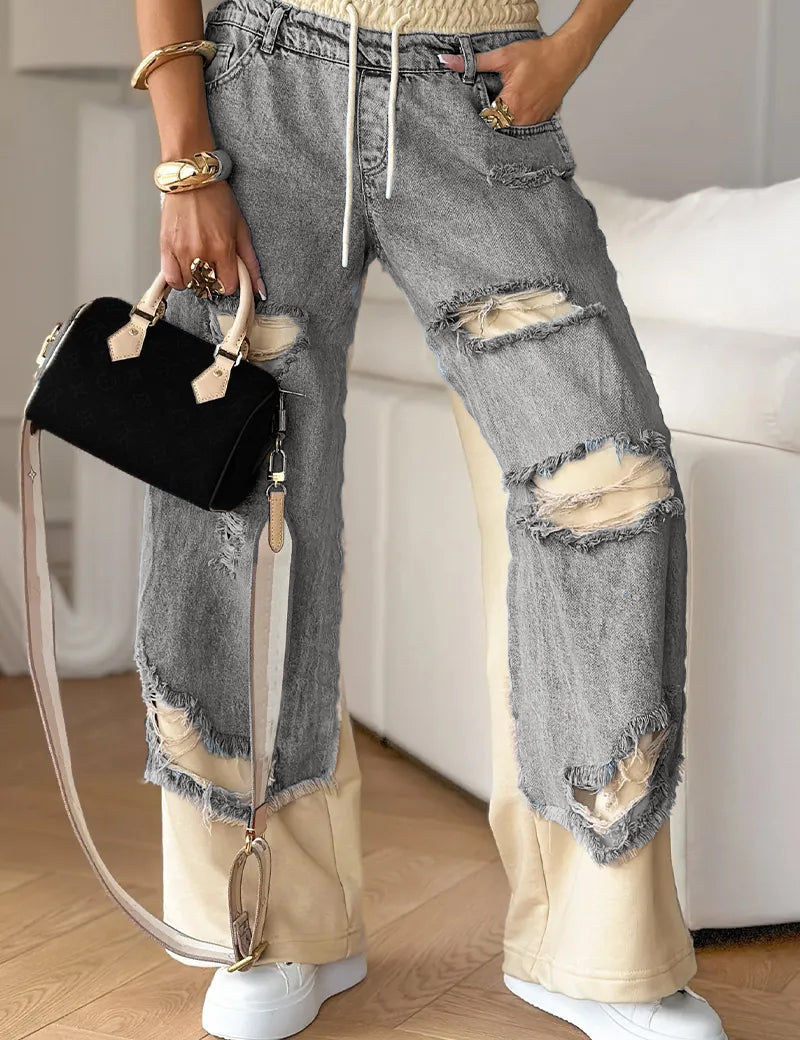 Women's Denim Trousers with Stitching and Ripped Design
