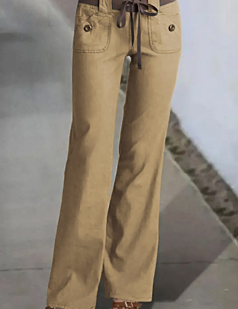 Button Detail Drawstring Low Rise Flare Pants