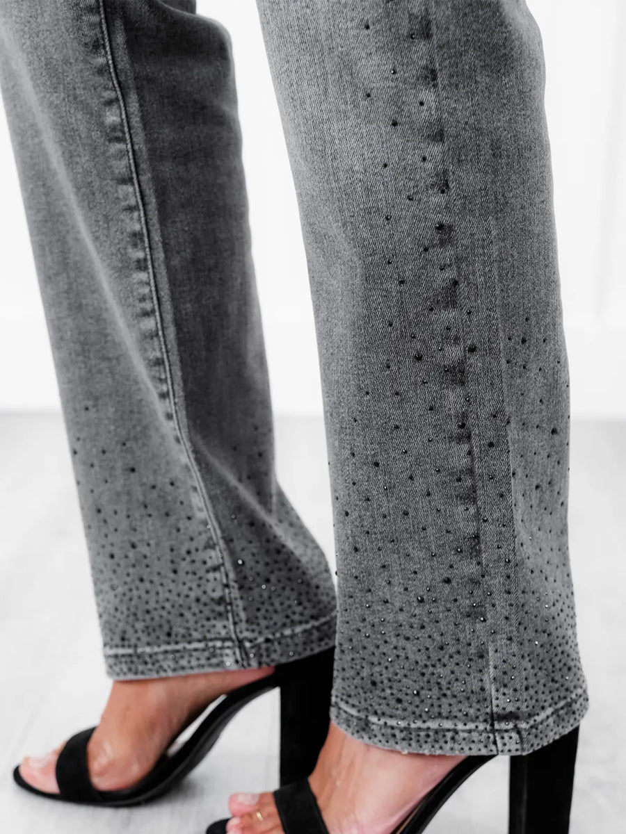 High Rise Grey Rhinestone Straight Leg Jeans