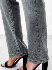 High Rise Grey Rhinestone Straight Leg Jeans
