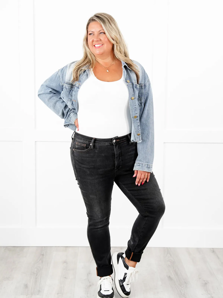 Black Dog High Rise Black Wash with Contrast Thread Tummy Control Skinny Jeans