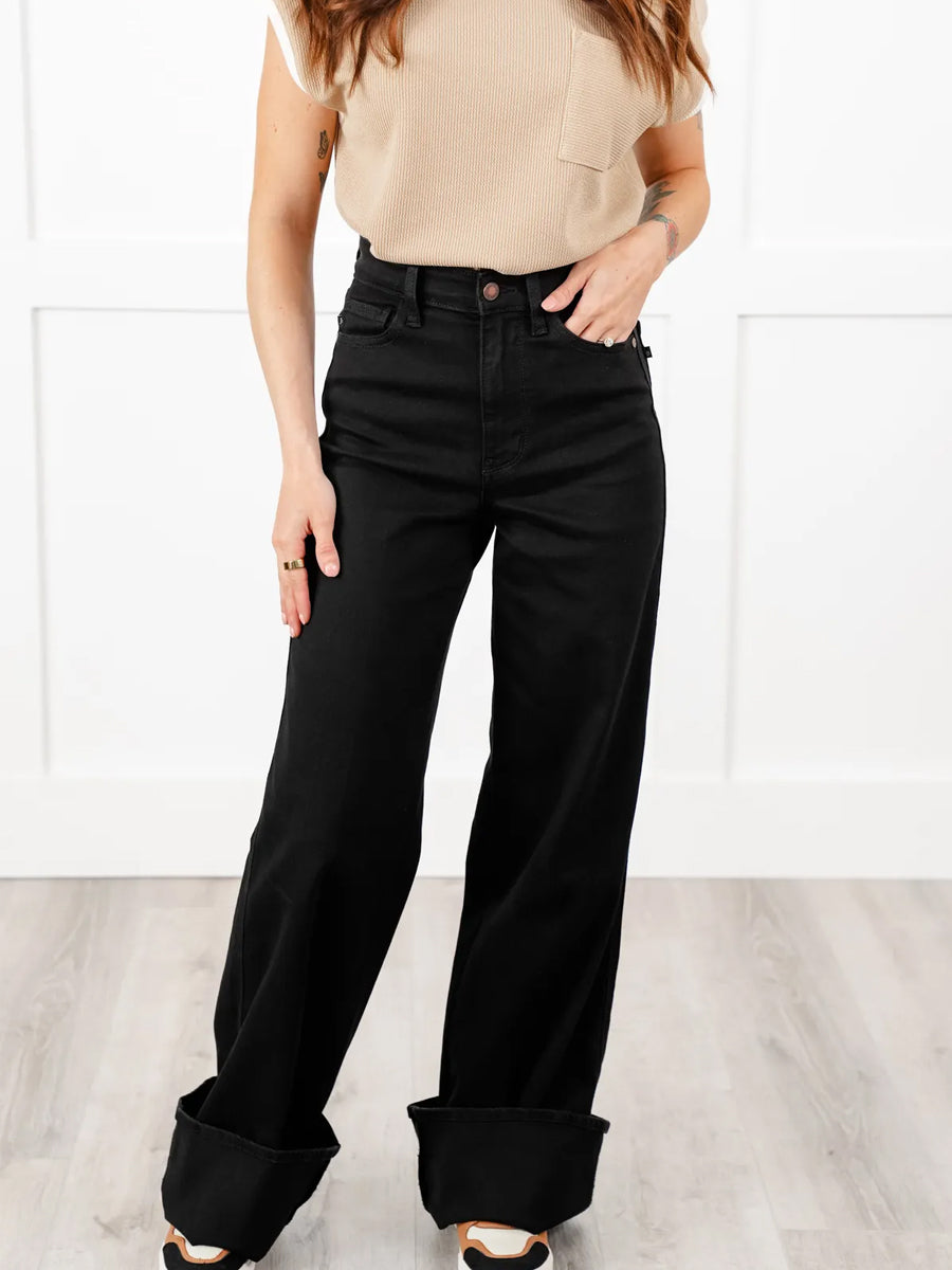 Retrograde High Rise Black Wide Leg Jeans with Cuff