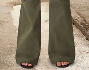 Button Detail Drawstring Low Rise Flare Pants