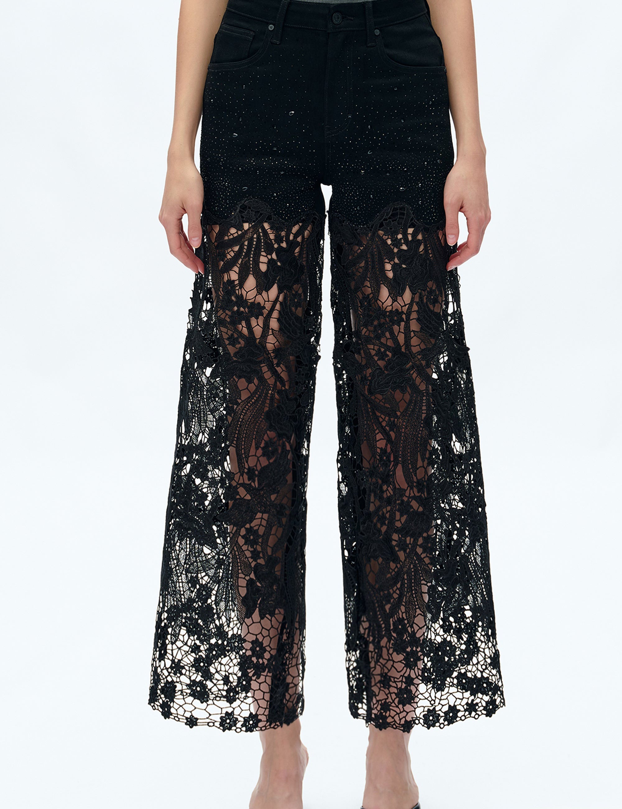 High Rise Wide Leg Lace Denim Jeans With Rhinestones