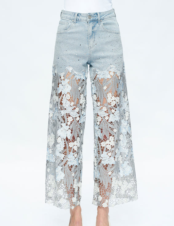 High Rise Wide Leg Lace Denim Jeans With Rhinestones