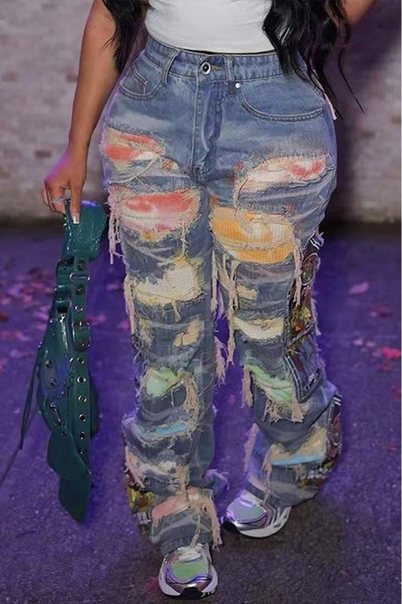High Waist Distressed Denim Trousers