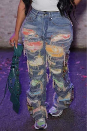 High Waist Distressed Denim Trousers