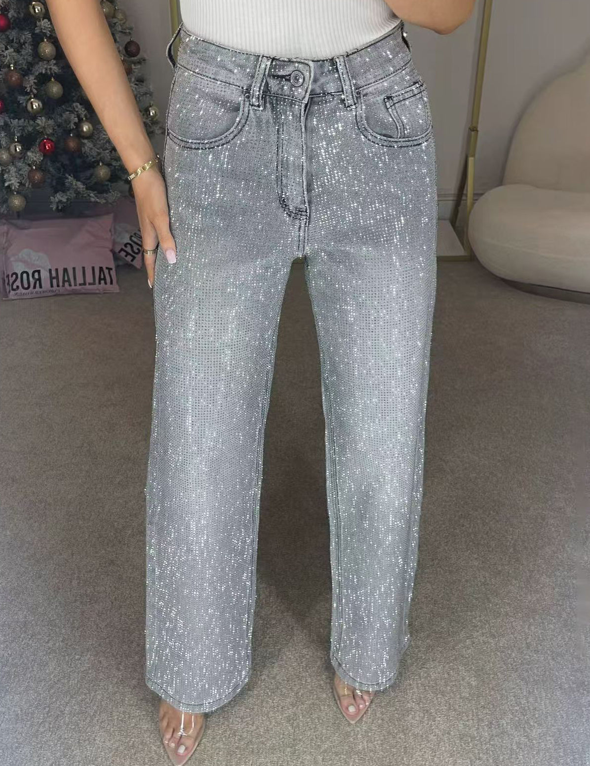 High Waisted Diamanté Straight Leg Jeans