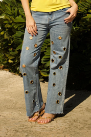 High-Rise Light Blue Jeans With Grommet Trim Detail