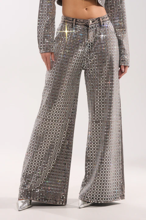 Pick N Choose Rhinestone Wide Leg Denim In Grey