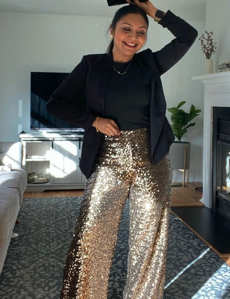 Plus Size Cocktail Party Black Sequin Pocket Pants