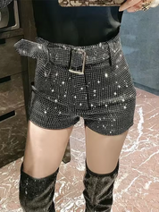 High Waist Rhinestone Belt Wide Leg Denim Shorts