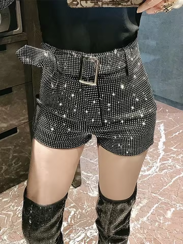 High Waist Rhinestone Belt Wide Leg Denim Shorts