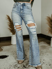 Exclusive Risen Acid Wash Tummy Control High Rise Distressed Flare Jeans