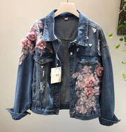 Womens Beads Flower Denim Jacket Fashion Lapel Collar Jeans Casual Outwear Coat