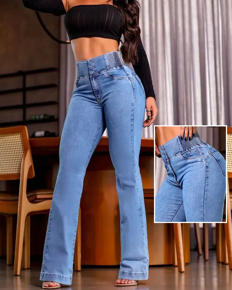 CurveEase Back Shirred Button Front High Waist Jeans Skinny Flared Denim Jeggings