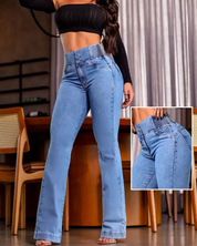 CurveEase Back Shirred Button Front High Waist Jeans Skinny Flared Denim Jeggings