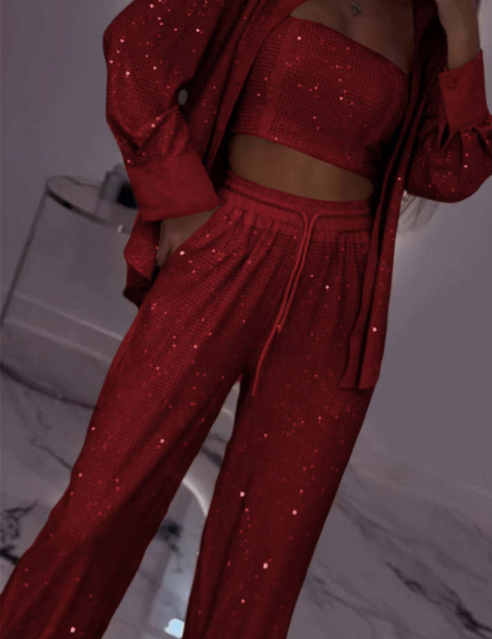 Women's Lapel Rhinestone Casual Three-piece Suit