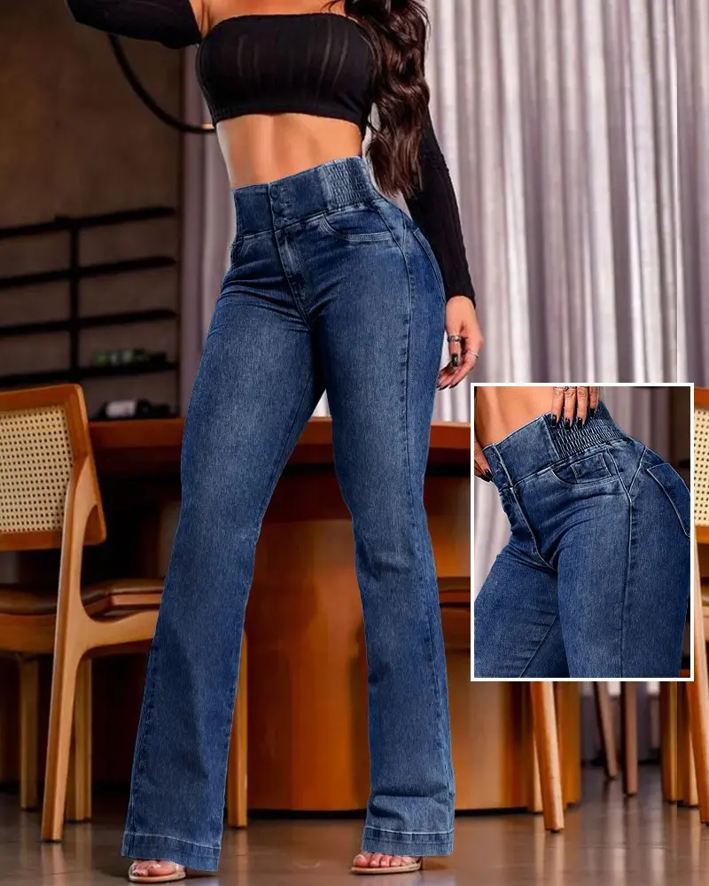 CurveEase Back Shirred Button Front High Waist Jeans Skinny Flared Denim Jeggings