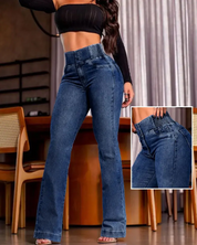 CurveEase Back Shirred Button Front High Waist Jeans Skinny Flared Denim Jeggings