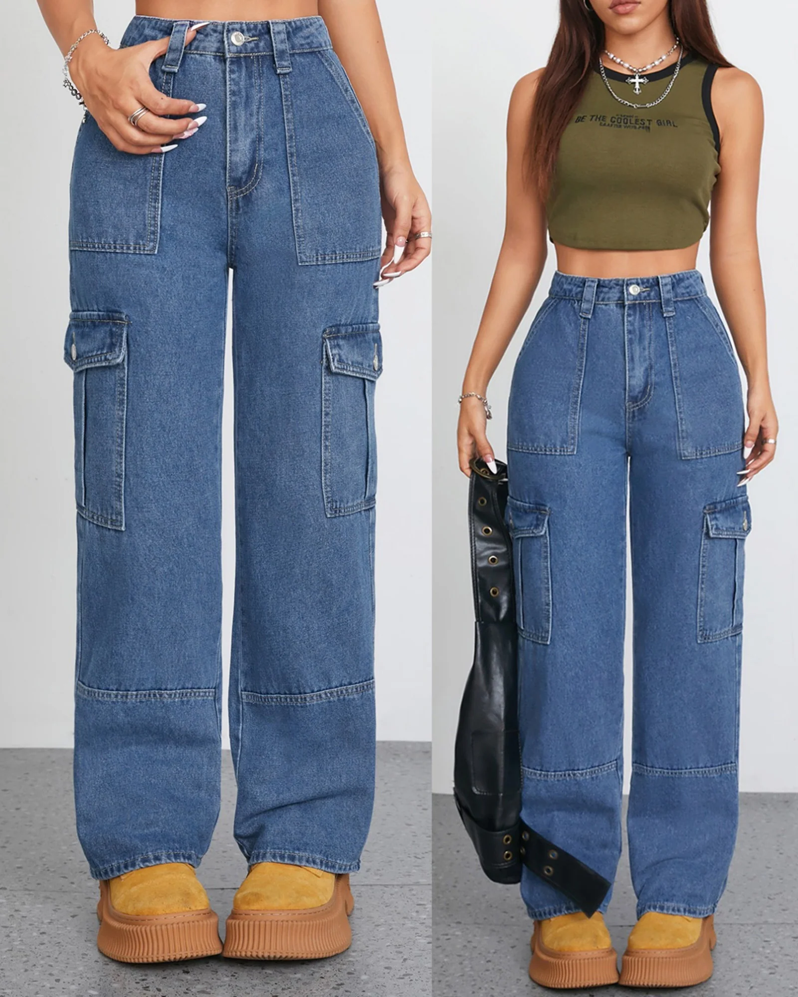 Women's High Waist Baggy Cargo Jeans