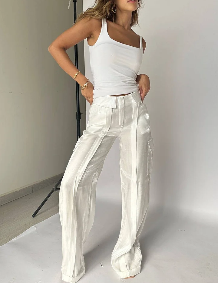 Loose Zipper Multicolor Vacation Trousers Satin Pants