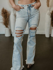 Exclusive Risen Acid Wash Tummy Control High Rise Distressed Flare Jeans