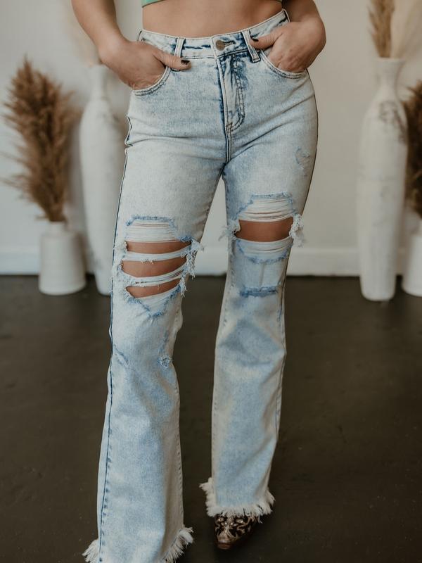 Exclusive Risen Acid Wash Tummy Control High Rise Distressed Flare Jeans