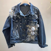 Womens Beads Flower Denim Jacket Fashion Lapel Collar Jeans Casual Outwear Coat