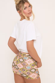 Low Rise Micro Mini Skirt In Pink Printed Sequin