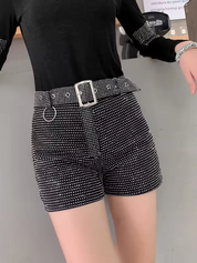 High Waist Rhinestone Belt Wide Leg Denim Shorts