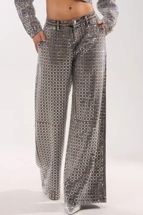 Pick N Choose Rhinestone Wide Leg Denim In Grey