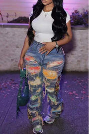 High Waist Distressed Denim Trousers