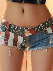 Low-Rise American Flag Print Daisy Duke Ripped Denim Shorts