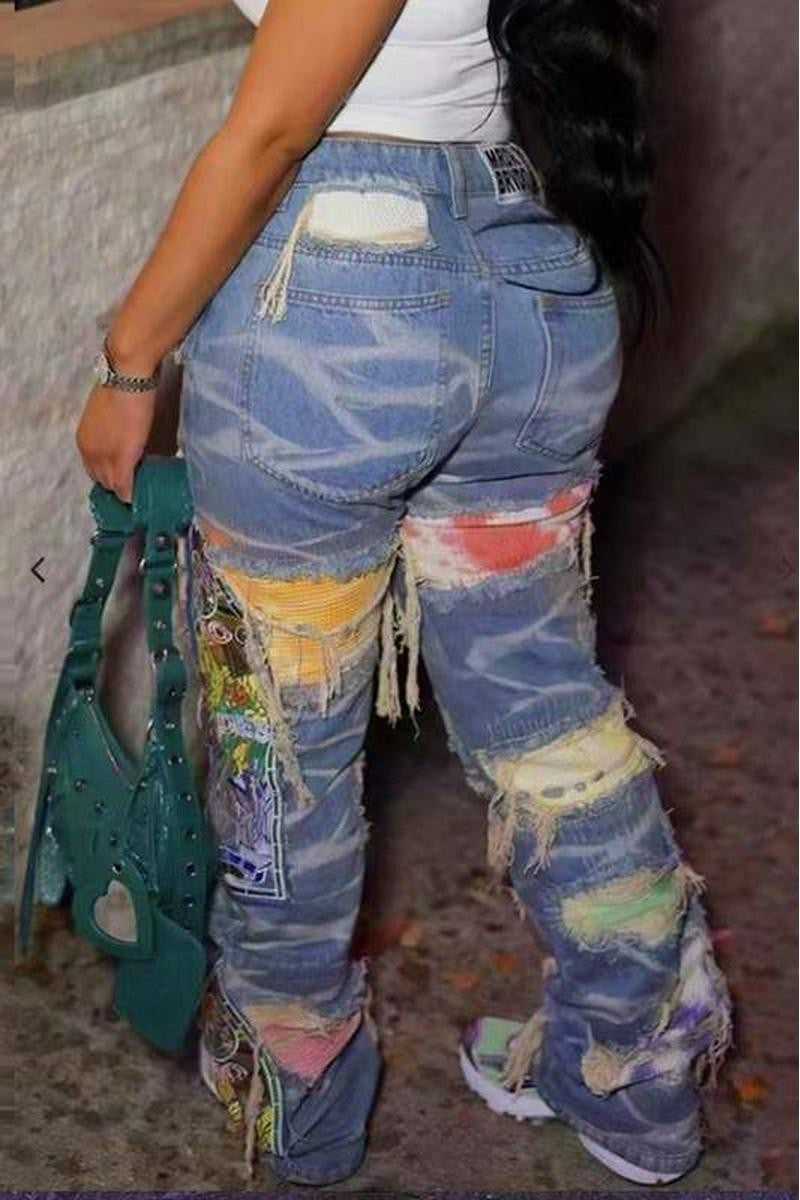 High Waist Distressed Denim Trousers